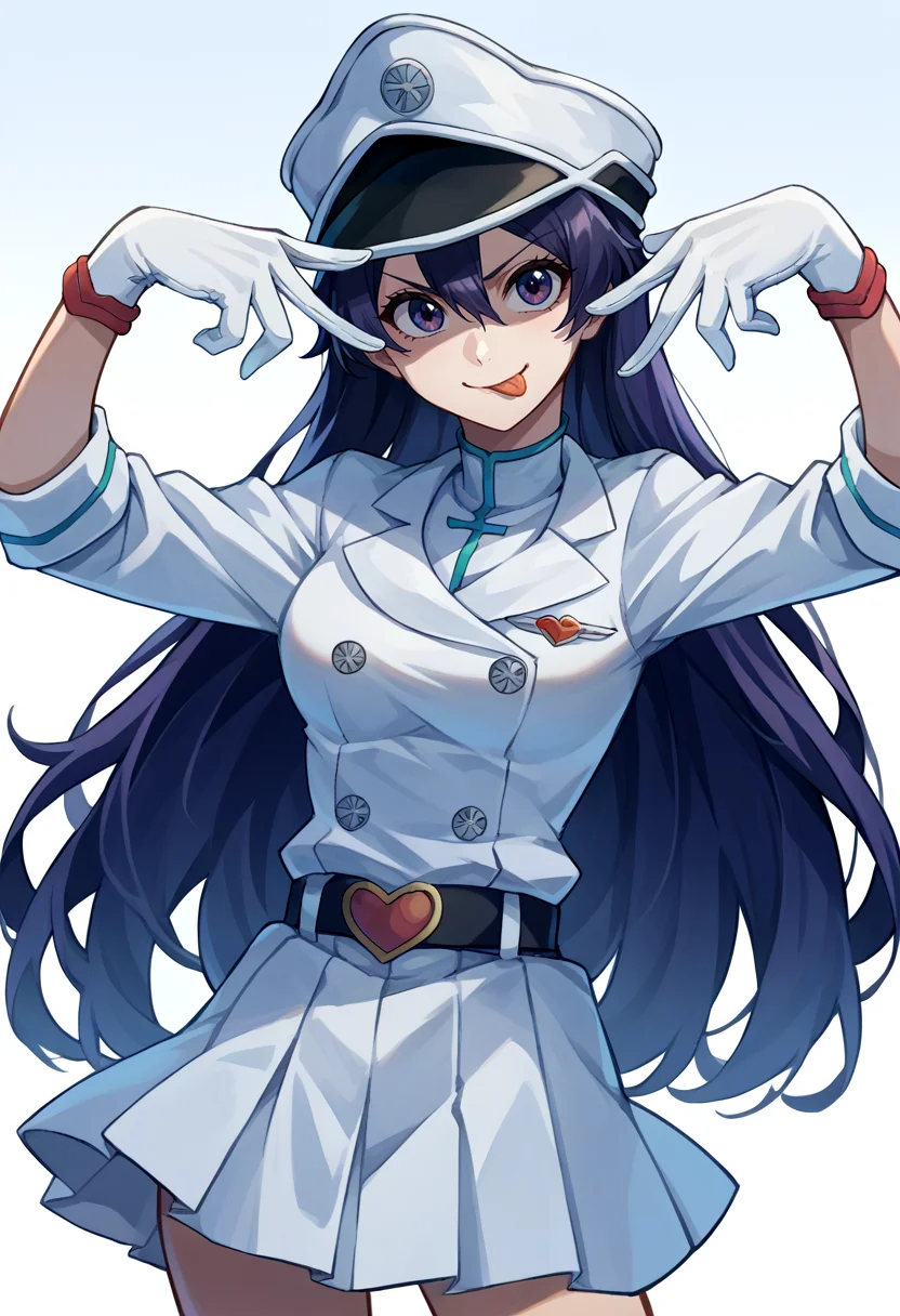 score_9, score_8_up, score_7_up, source_anime, 1girl, bambietta basterbine, smile, looking at viewer, aihoshinopose, double v, tongue out, peaked cap, military uniform, white jacket, white gloves, white skirt, belt <lora:pose_aihoshinopose_ponyXL:1> <lora:bleach_basterbine_ponyXL:1>