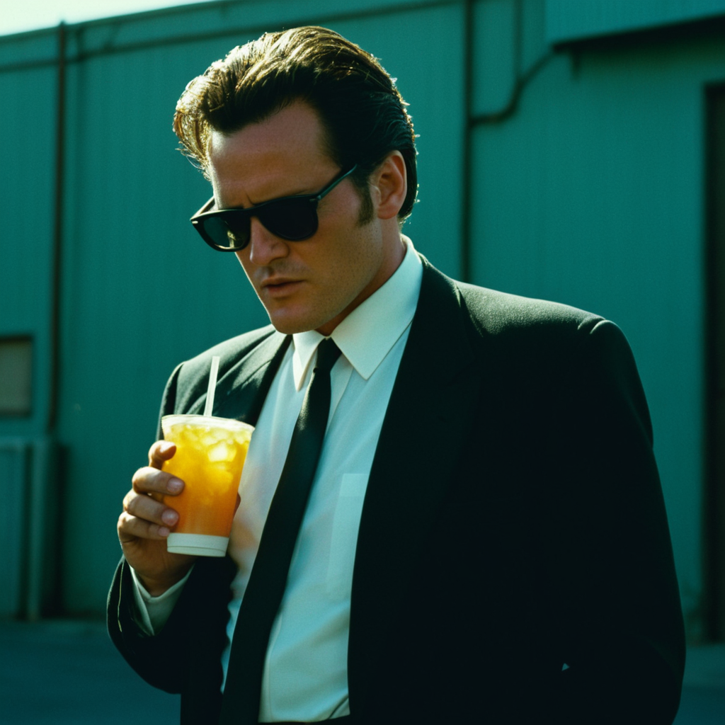 cinematic film still of  <lora:Reservoir Dogs style:1>
Michael Madsen, Cinematic 1992 image focus of Cinematic 1992 image focus of a man in a suit and sunglasses holding a drink,solo,shirt,black hair,long sleeves,1boy,holding,jacket,white shirt,male focus,necktie,collared shirt,pants,dark skin,cup,black jacket,black pants,formal,sunglasses,dark-skinned male,suit,holding cup,black necktie,hand in pocket,drinking straw,disposable cup,black suit,Kodak film grain,dramatic light,dramatic shadow light,contrast,saturated color,cinematic,filmic,motion picture,realistic,realism,perfection,perfect,deep focus,clean image , Kodak film grain, dramatic light, dramatic shadow light, contrast, saturated color, cinematic, filmic, motion picture, realistic, realism, perfection, perfect, deep focus, clean image, Reservoir Dogs style, Reservoir Dogs 1992 Film style, shallow depth of field, vignette, highly detailed, high budget, bokeh, cinemascope, moody, epic, gorgeous, film grain, grainy