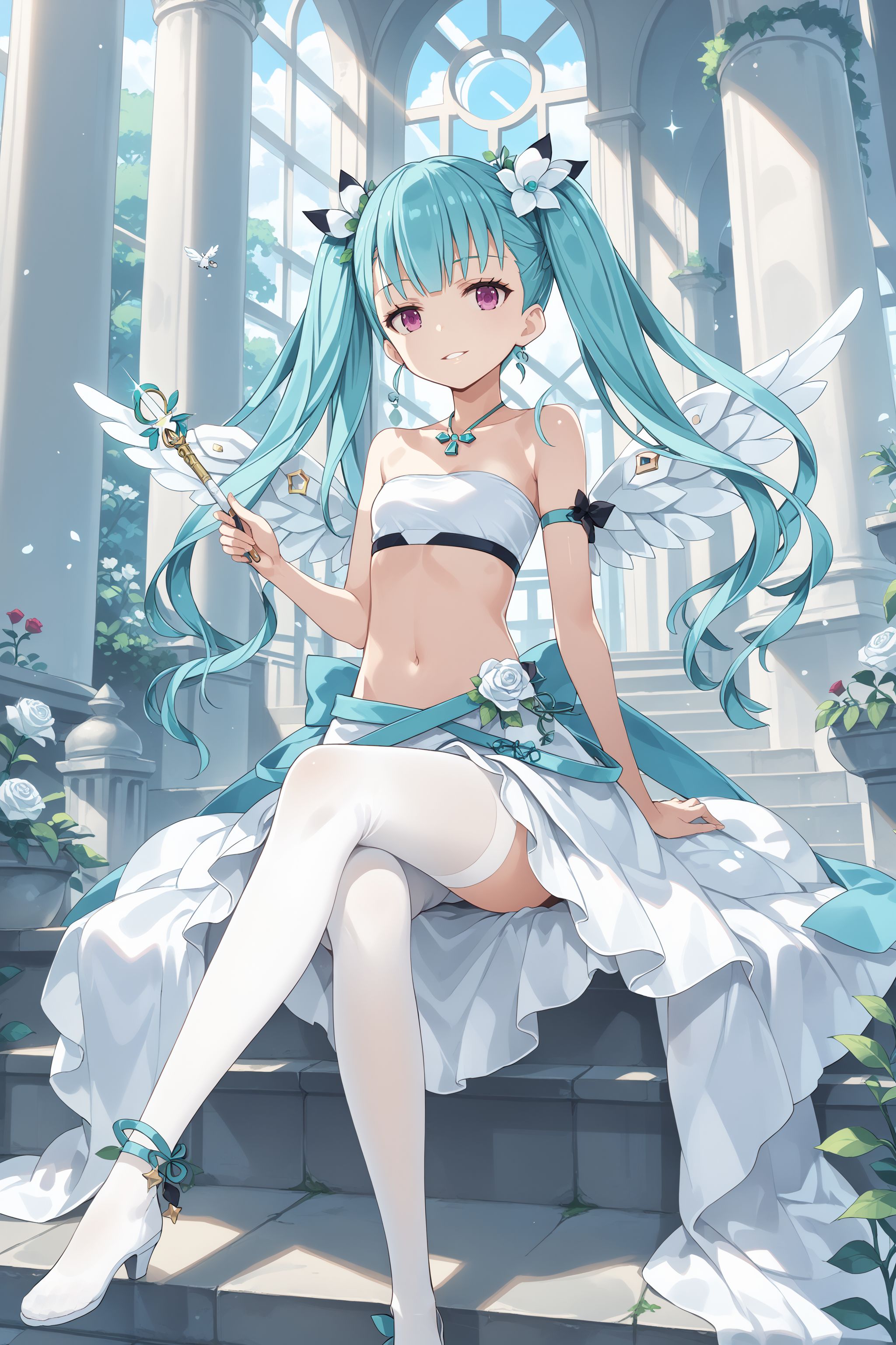 score_max, (score_9, score_8_up, score_7_up:1.0), score_6_up, official art,
masterpiece, absurdres, high detail, 8k,
garden, ivy, white rose, stone, arch,
sitting, knee up, holding wand, star \(symbol\), epressionless, parted lips, light smile,
ddphibachi, aqua hair, twintails, quad tails, hair flower, tube top, white tops, navel, sleeveless, white pantyhose, mini angel wings,
<lora:XL_Pony_gomaotsu-hibachi-t3:0.9>