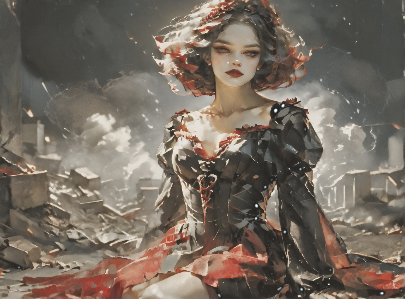 score_9, score_8_up, score_7_up, Environmental scene, character off to side, sitting in repose enjoying the view, 1girl, pale skin, medium breasts, <lora:sm0k3XLP:1>, <lora:goth_clothes:1>, vampire dress, black details, red lining, Shoulder length hair, unnatural haircolor, <lora:wtgn:1>, <lora:Nuclear_Explosion:1>, nuclear explosion in background,