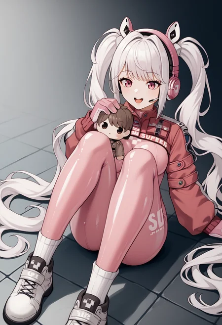 score_9, score_8_up, score_7_up, source_anime BREAK 1girl, solo, <lora:commanderdoll-nikke-richy-v1_pdxl:1> holding doll, commander doll,  <lora:alice-nikke-richy-v2_pdxl:1> alicedef, pink eyes, white hair, twintails, very long hair, bangs, headset, fake animal ears, animal ear headphones, shrug \(clothing\), long sleeves, medium breasts, pink bodysuit, latex bodysuit, multicolored gloves, pink gloves, white gloves, sitting, on floor, knees up, smile, :D, open mouth, hugging object, cheek press, socks
