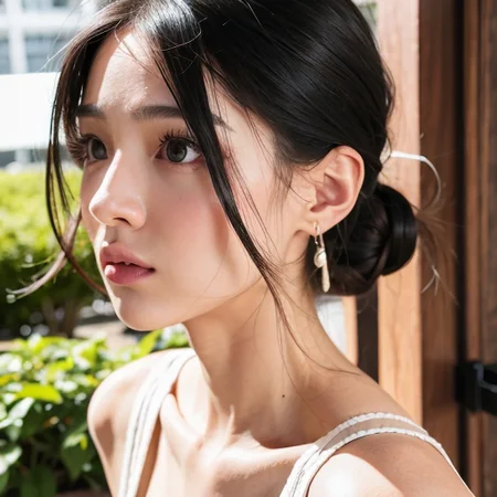(goddess-like happiness:1.2), Kpop idol, (RAW photo:1.2), (photorealistic:1.4), (masterpiece:1.3), (intricate details:1.2), delicate, beautiful detailed, (detailed eyes), (detailed facial features), (25 years old female with white shirt), tall female, petite, small breasts, narrow waist, skin tight, (looking_at_viewer), from_front, big circle earrings, slim_legs, (skinny), (best quality:1.4), (ultra highres:1.2), cinema light, outdoors, (extreme detailed illustration), (lipgloss, eyelashes, best quality, ultra highres, depth of field, caustics, Broad lighting, natural shading, 85mm, f/1.4, ISO 200, 1/160s:0.75),<lora:TWbabe5:0.7>