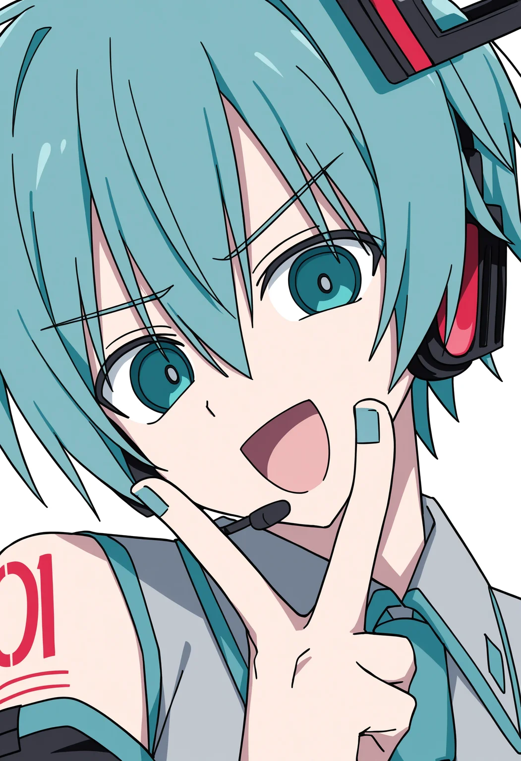 1boy, male focus, hatsune mikuo,
channelstyle, solo, portrait, short hair, :d, white shirt, v, hand up, long bangs, black sleeves, aqua hair, necktie, smile, headphones, blue necktie, simple background, looking at viewer, aqua eyes, detached sleeves, twintails, wing collar, v-shaped eyebrows, number tattoo, collared shirt, genderswap, grey shirt, aqua nails, shirt, tattoo, genderswap \(ftm\), open mouth, channel \(caststation\) \(style\), hair between eyes, white background,
masterpiece, best quality
<lora:ChannelStyle-RASF-000100:1>