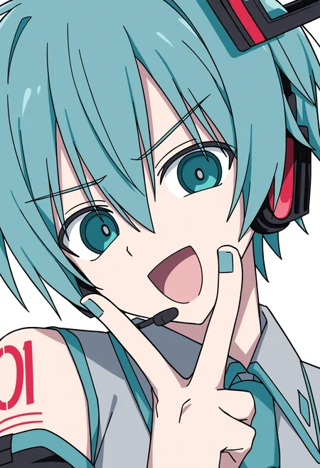 1boy, male focus, hatsune mikuo,
channelstyle, solo, portrait, short hair, :d, white shirt, v, hand up, long bangs, black sleeves, aqua hair, necktie, smile, headphones, blue necktie, simple background, looking at viewer, aqua eyes, detached sleeves, twintails, wing collar, v-shaped eyebrows, number tattoo, collared shirt, genderswap, grey shirt, aqua nails, shirt, tattoo, genderswap \(ftm\), open mouth, channel \(caststation\) \(style\), hair between eyes, white background,
masterpiece, best quality
<lora:ChannelStyle-RASF-000100:1>