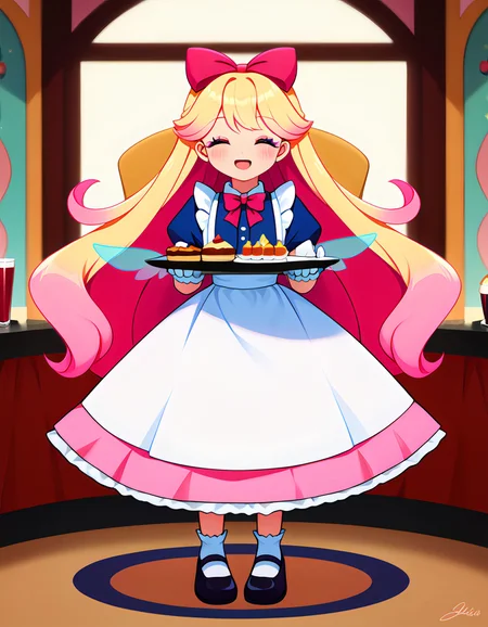 score_9, score_8_up, score_7_up, score_6_up, score_5_up, score_4_up , 1girl, sizzlesjellyqueen, blonde hair, pink hair, two-tone hair, gradient hair, holographic wings, masterpiece, best quality, absurdres,
(cute style, bright pastel colors), kawaii, cute, tafashion, waitress, standing, (pastel ruffled gleaming waitress dress), apron with bows, chest bow, giant waist bow, huge hair bow, gloves, too many frills, large bow, too many bows, ruffles, Mary Janes shoes, short ruffled bobby socks,
blush, cute makeup,
indoors, maid cafe, cosplay cafe, tables and chairs, intricate cafe background,
(solo), standing, happy smile with closed eyes, ^_^, serving tray, holding serving tray with sweets,
highly detailed, majestic, shallow depth of field, movie still, soft lighting, circular polarizer, colorful, 1girl, perfectly flat chest, tiny perky tits, kiki, arcadia
