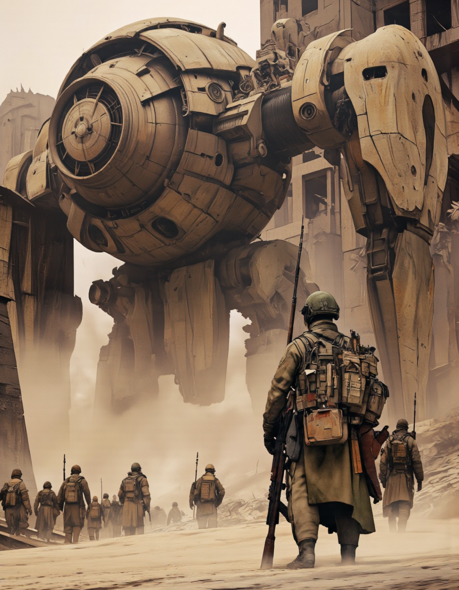 Art by Ronan Le Fur. A futuristic, sci-fi digital illustration shoot from a low angle, about a large, imposing robot with a large helmet and intricate mechanical features standing in a post-apocalyptic environment, surrounded by smaller soldiers. the scene is set in a desert environment, with a massive, metallic structure resembling a giant robot towering over a group of soldiers in the foreground. in the middle of the image, a soldier stands guard, facing away from the viewer, wearing a full-body uniform with a helmet and carrying a gun, and a backpack with various mechanical components attached to his back. the soldier is positioned in front of the large robot, holding a rifle, while the soldiers follow closely behind. the background features tall, dilapidated structures and a hazy, smoky atmosphere, adding to the ominous and dystopian feel of the scene. the overall color palette is muted, with shades of beige and brown, giving the scene a sense of depth and realism.