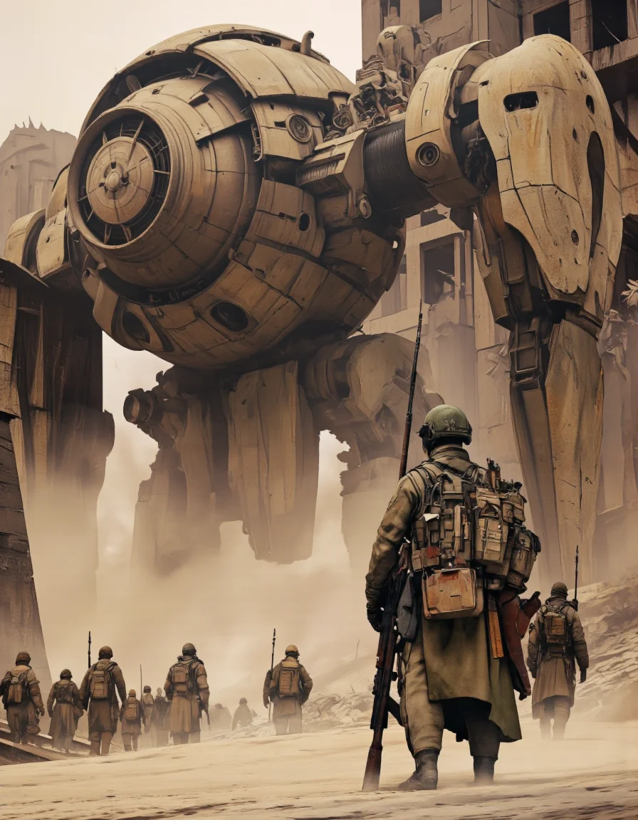 Art by Ronan Le Fur. A futuristic, sci-fi digital illustration shoot from a low angle, about a large, imposing robot with a large helmet and intricate mechanical features standing in a post-apocalyptic environment, surrounded by smaller soldiers. the scene is set in a desert environment, with a massive, metallic structure resembling a giant robot towering over a group of soldiers in the foreground. in the middle of the image, a soldier stands guard, facing away from the viewer, wearing a full-body uniform with a helmet and carrying a gun, and a backpack with various mechanical components attached to his back. the soldier is positioned in front of the large robot, holding a rifle, while the soldiers follow closely behind. the background features tall, dilapidated structures and a hazy, smoky atmosphere, adding to the ominous and dystopian feel of the scene. the overall color palette is muted, with shades of beige and brown, giving the scene a sense of depth and realism.