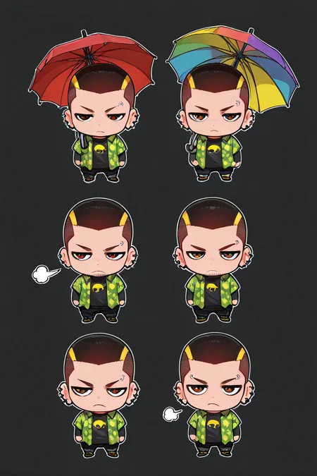 masterpiece, best quality,amazing quality, colorful, Simple Background, black background, white outline, BREAK, 1boy, male focus, solo, UnjiZuma, zuma_ear_piercings, zuma_eyebrow_piercing, facial hair, chin stubble, BREAK, zuma_oversized_shirt_with_flower_patterns, black_tight_longsleeves with_umbrella_print, (IMAGE TYPE -PORTRAIT, HALF BODY, FULL BODY, ETC-), (chibi:1.4), only chibi, chibi body, chibi style, Emote Chibi, (cropped shoulders), variations, four variations, 4 views, multiple views, chart, multiple expressions, expressions: [pout, sigh, sulking, disdain, frustrated],