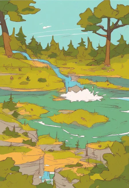 no humans, scenery, tree, water, outdoors, waterfall, nature, rock, day, forest, grass, moss, plant, river, <lora:Expressive_H:0.5>, score_9, score_8_up, score_8_up, a_Comic_Illustration, rough lines with ink, (drawn:1.1), (sketch:1.5), (crosshatching:1.25), (comic style:1.1), graphic novel style, sharp lines, hires, zstyle, (western comics \(style\):1.1), (hatching \(texture\):1.2), zPDXL, Mr_Monster_Possitive