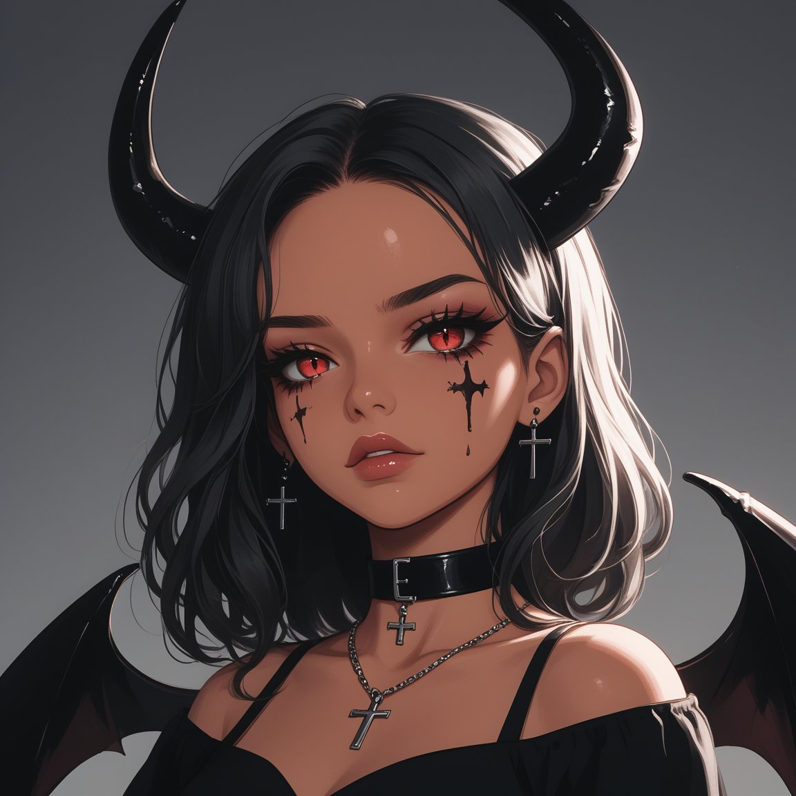 1girl, aesthetic anime girl, demon horns, gothic style, black outfit, choker with pendant, dark makeup, wings,     <lora:Gothic_demon_girl-000003:0.7>