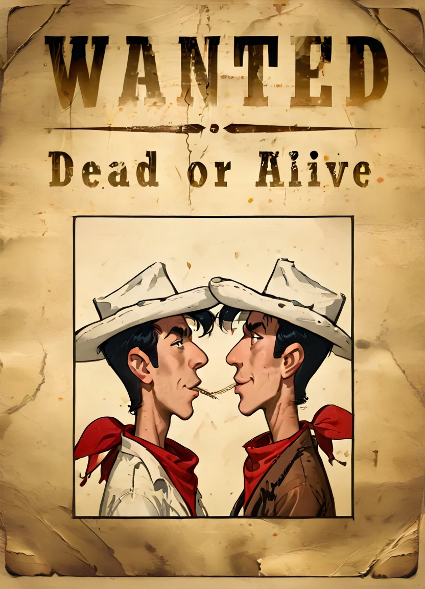 wantedposter of ((luckyluke)), white cowboy hat, black hair, red bandana, side profile,,
<lora:Wanted-Poster:0.85> <lora:LuckyLukePony:0.8>