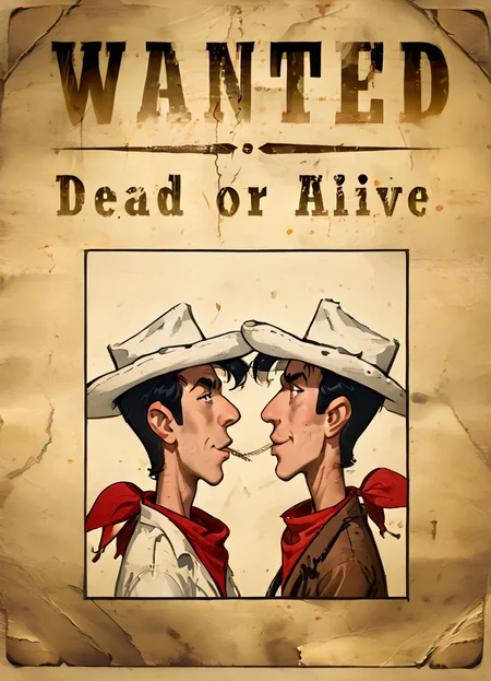 wantedposter of ((luckyluke)), white cowboy hat, black hair, red bandana, side profile,,
<lora:Wanted-Poster:0.85> <lora:LuckyLukePony:0.8>