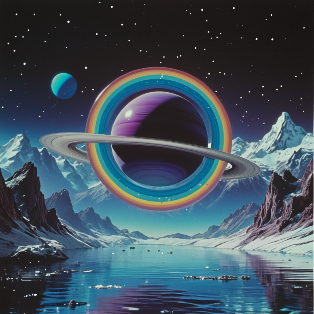 <lora:70sSci-FiMovieSDXL:1> ArsMovieStill, movie still from a 1970s technicolor Sci-Fi movie, The image is a digital illustration of a planet in outer space. The planet is in the center of the image with a ring of rings surrounding it. The ring is a bright blue color with a rainbow-like pattern on its surface. It appears to be glowing brightly with the colors of the planet's surface reflecting off the water below. The background is a dark blue sky with stars and planets scattered throughout. On either side of the ring there are mountains with snow-capped peaks. The mountains are covered in a layer of snow and there is a body of water in the foreground. The water is a deep blue-green color and the mountains are a mix of different shades of blue and purple. The overall mood of the illustration is surreal and dreamlike., no humans, scenery, star (sky), sky, starry sky, mountain, outdoors, planet, space, night