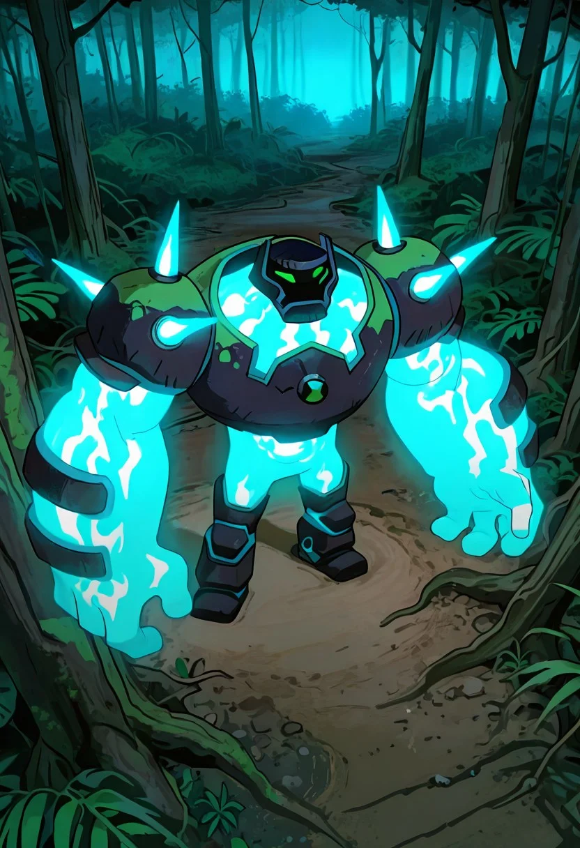 masterpiece, best quality, amazing quality, very aesthetic, absurdres, newest, , detailed background,
movie scene, cinematic scene, cinematic, foreground blur, depth of field,
shckrck, glowing, shoulder spikes, green eyes, helmet, neon trim, blue fire, big arms, massive arms, blue arms, no humans, male focus, short legs,
in forest, from above, night forest, glowing body, forest animals, jungle, roots, trees, black trees, night time,