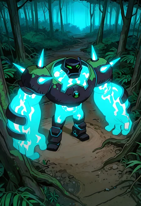 masterpiece, best quality, amazing quality, very aesthetic, absurdres, newest, , detailed background,
movie scene, cinematic scene, cinematic, foreground blur, depth of field,
shckrck, glowing, shoulder spikes, green eyes, helmet, neon trim, blue fire, big arms, massive arms, blue arms, no humans, male focus, short legs,
in forest, from above, night forest, glowing body, forest animals, jungle, roots, trees, black trees, night time,