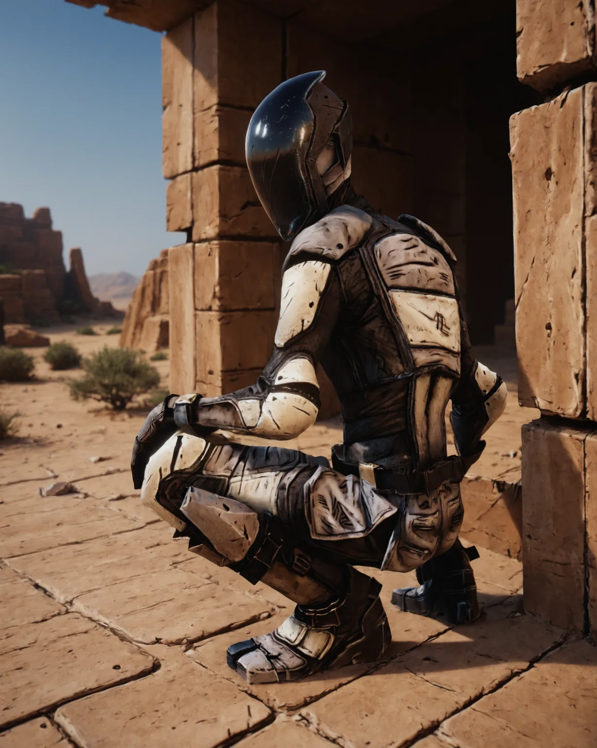 score_9, score_8_up, score_7_up, rating_questionable, intricately detailed, high resolution,
fantasy setting, desert, among ancient ruins, summer, sunshine, detailed background, depth of field,
<lora:Zer0_Borderlands:1>, 1boy(Zer0, helmet, 
full body, squatting, looking at viewer, solo),
back view, 
<lora:ral-chrosc-clr:0.5>, ral-chrosc-clr,
<lora:Expressive_H:0.5>
<lora:xl_more_art-full_v1:0.3>,
<lora:add-detail-xl:0.3>