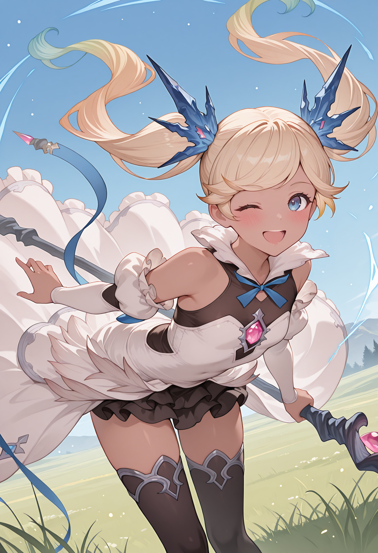 highres, best quality, masterpiece, outdoors, blue sky, grass, 
1girl, solo, gbftio, blonde hair, gradient hair, twintails, dark-skinned female, blue eyes,
iogbgnd, hair ornament, white dress, strapless dress, black shirt, sleeveless shirt, detached collar, frilled collar, blue ribbon, pink gemstone, detached sleeves, black skirt, frilled skirt, layered skirt, black thighhighs, holding staff,
looking at viewer, blush, one eye closed, open mouth, smile,
standing, holding staff, light particles, dynamic pose, floating hair, floating clothes, magic, leaning forward, 
<lora:_io_gbf-elesico-ilxl-000014:1>