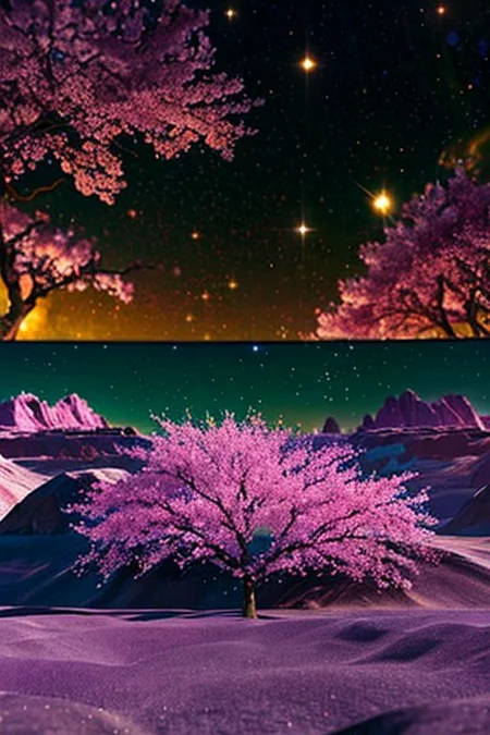 Planet surface landscape, background mountains, glowing, plants, sci-fi, fantasy, space art, galaxy background, tree on planet, cherry blossoms, sakura flowers, shooting stars, dynamic angles, intricate details, film grain, accent lighting, soft volumetric light, shallow depth of field , cinematography, realistic, SyFyEye1.
3D