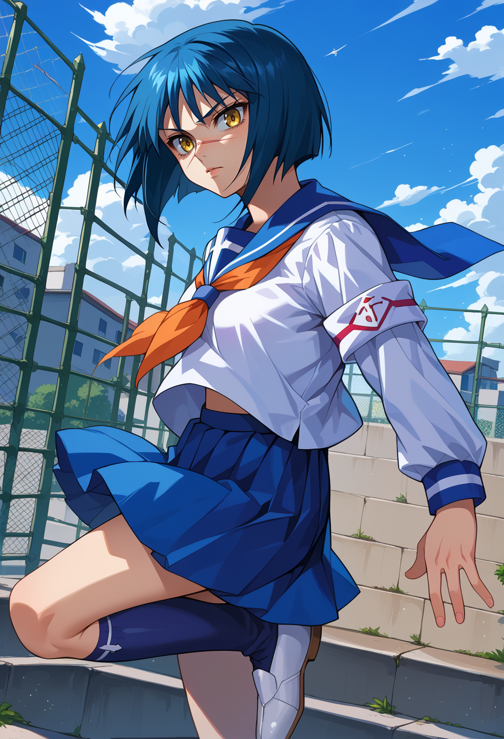 score_9, score_7_up, source_anime, BREAK <lora:Tokiko:1>AETokiko, yellow eyes, blue hair, bob cut, short hair, scar on nose, school uniform, serafuku, neckerchief, armband, long sleeves, blue skirt, pleated skirt, blue socks, kneehighs, White shoes, standing on one leg, busou renkin, school rooftop, fence,  jumping,