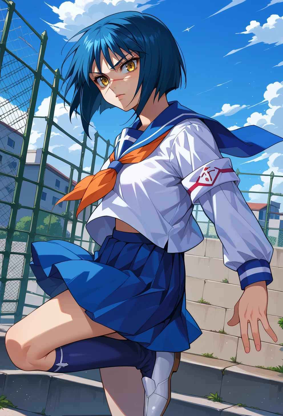 score_9, score_7_up, source_anime, BREAK <lora:Tokiko:1>AETokiko, yellow eyes, blue hair, bob cut, short hair, scar on nose, school uniform, serafuku, neckerchief, armband, long sleeves, blue skirt, pleated skirt, blue socks, kneehighs, White shoes, standing on one leg, busou renkin, school rooftop, fence, jumping,