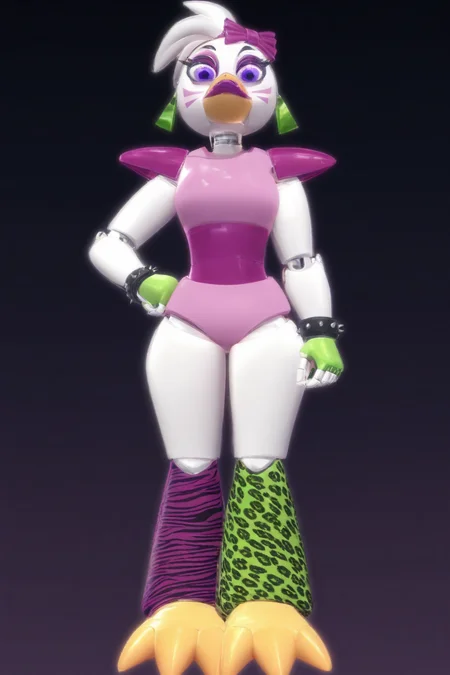 feminine, masterpiece, best quality, newest, absurdres, highres, glamrock chica, beak, green triangle earrings, purple bow in hair, green fingerless gloves, green leopard print leg warmer, purple tiger print legwarmer, leotard, shoulderpads, purple lipstick, animatronic, robot, animatronic head,
BREAK
dark background, neon-tinted backround, dynamic background, <lora:Glamrock_Chica_IL:1>