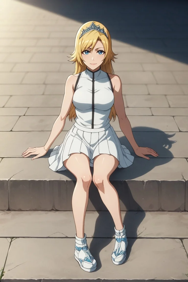 score_9, score_8_up, score_7_up, source_anime, , rating_safe, intricate details, , depth of field, 1girl, Sapphire eyes, ash blonde hair, chin-length bob, tiara, sleeveless, pleated skirt, platform footwear, shoes, solo, rule of thirds, treetops city, day, lying, on back, smile, <lora:bleach_tybw_style_pony:1.14>, bleach_tybw_style, , <lora:sdxl_lightning_8step_lora:1>
