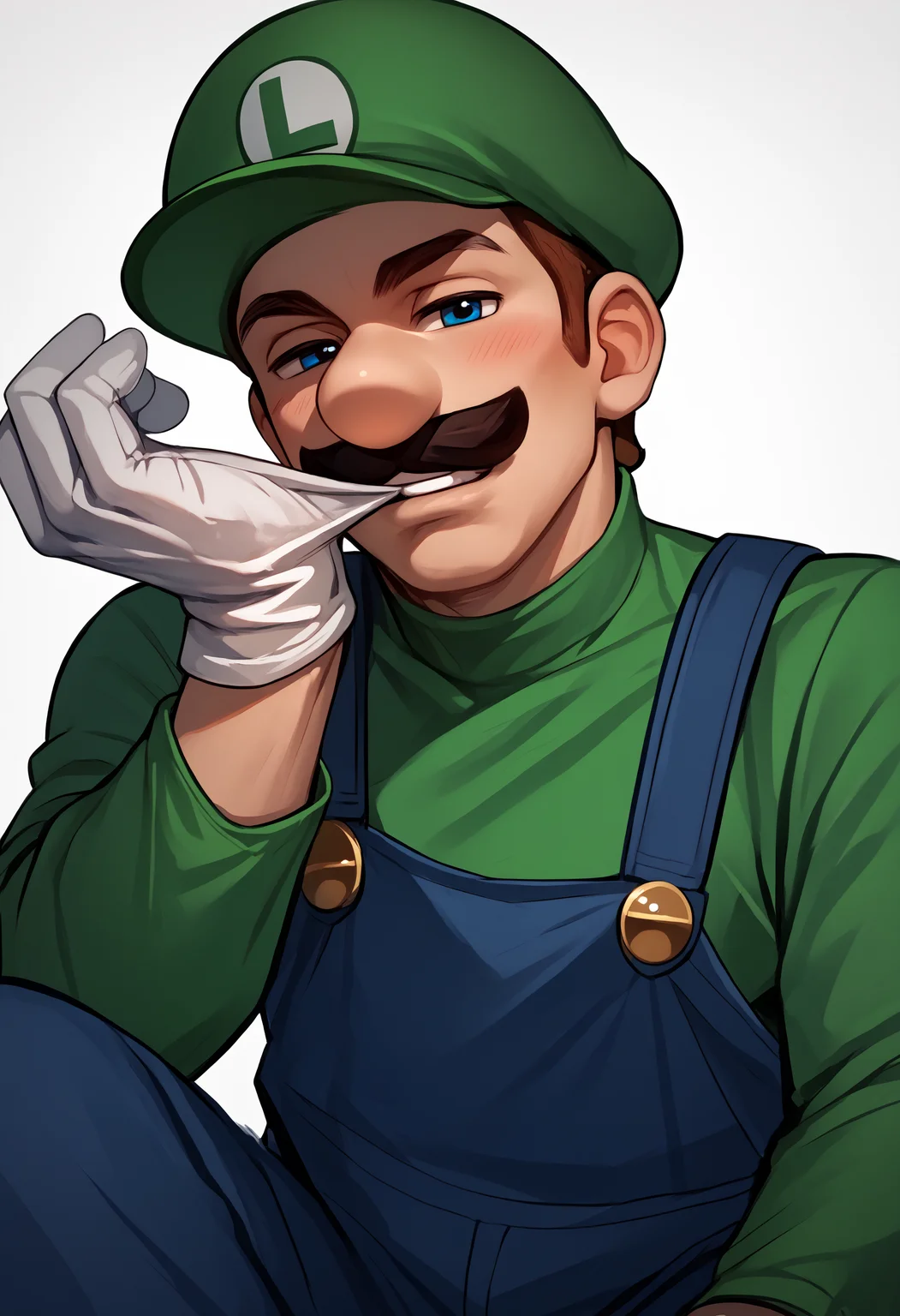 score_9, score_8_up, score_7_up, male focus, gloves, glove biting, mouth hold Incrsluigi, luigi, green headwear, blue overalls, white gloves, long sleeves <lora:AdjustingGlovesWithLips_XLPD:0.9> <lora:Luigi_XLPD:.8> , looking at viewer, seductive