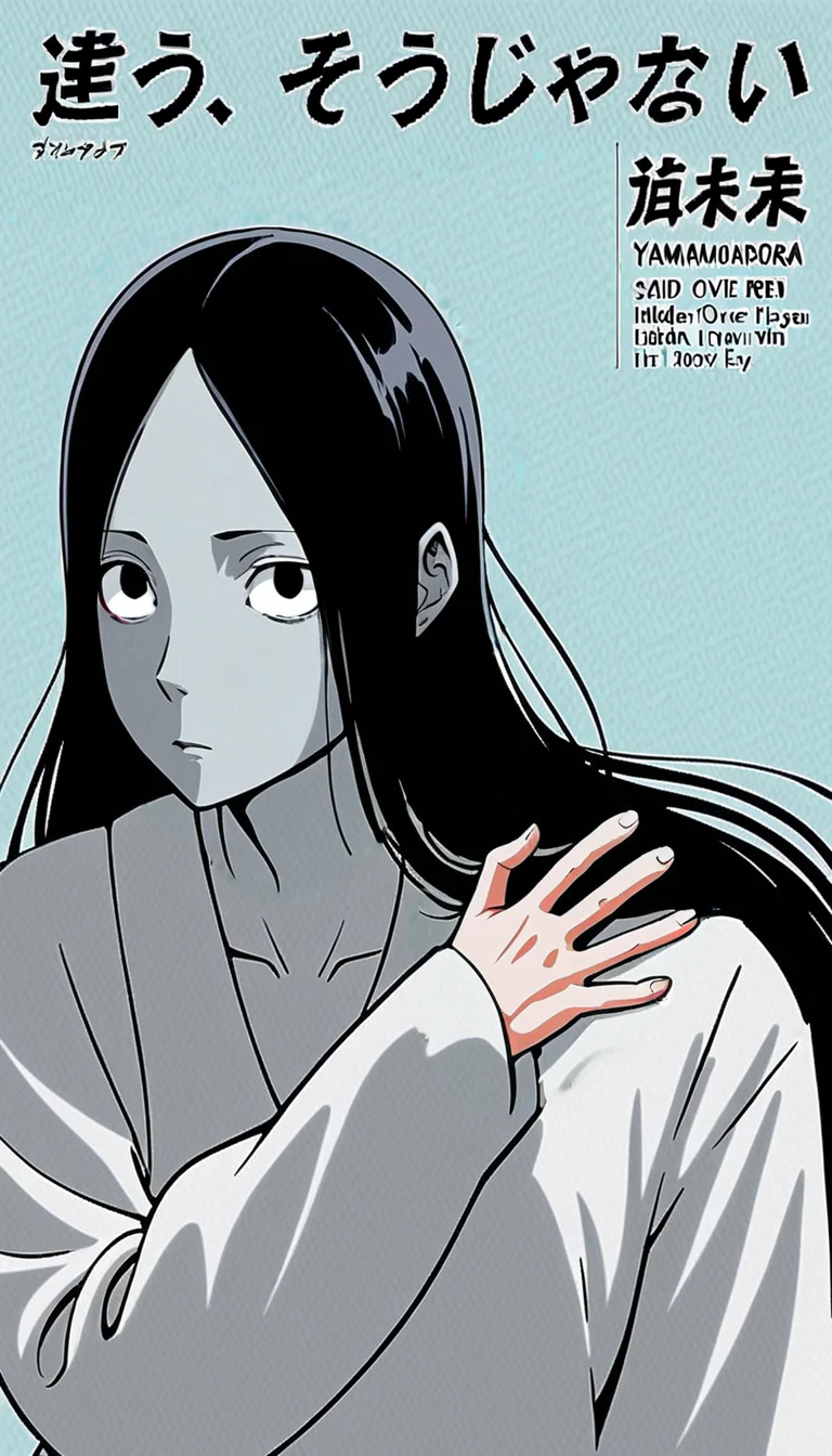 2d,illustration,girl,(yamamura sadako:1.2),black hair,(long hair,hair over one eye,long bangs:1.3),gray skin,white spooky dress,simple dress,long sleeves,skinny,clenched hand,light blue background,flat eyes,expressionless, <lora:Chigau_Sojyanai_No_its_not_that:0.8>,<lora:hand 4:0.3>