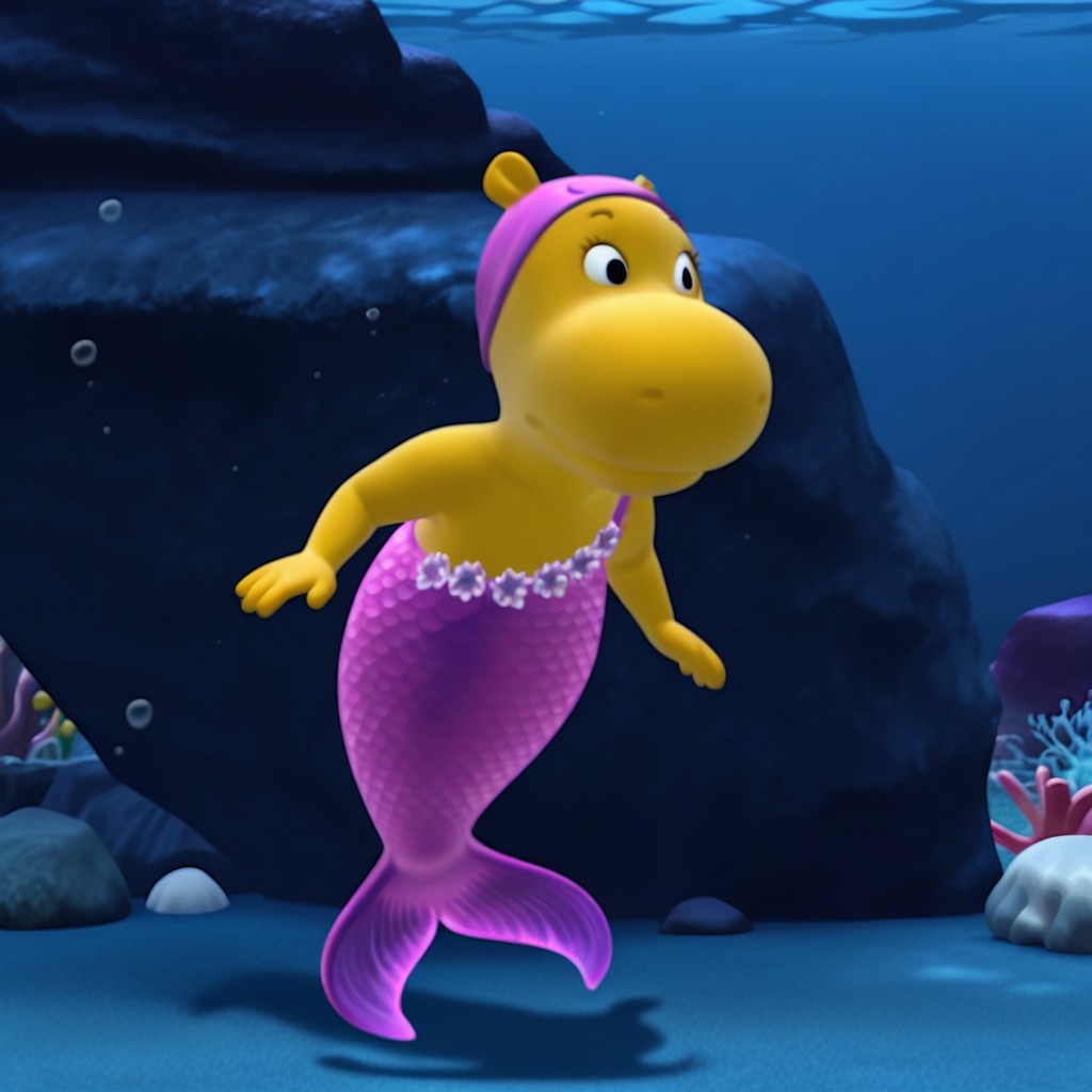 masterpiece, best quality, amazing quality, TashaByil, anthro, female, hippo, yellow skin, black eyes, purple mermaid costume, purple cap, underwater, swimming, full body  solo, 1girl,