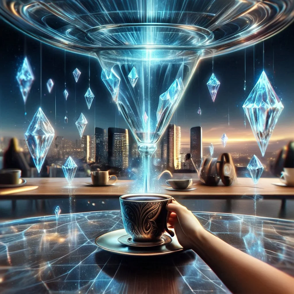 (masterpiece), (best quality), (ultra-detailed), score_9, score_8_up, score_7_up, score_6_up, score_5_up, score_4_up, by wlop, score_9, score_8_up, score_7_up, score_6_up, score_5_up, score_4_up,
 BREAK, c0ldbr3w, black coffee, drink, creative, blurry, cup, (no humans:1.25), depth of field, blurry background, tall cylindric glass, ice, realistic coffee, coffee focus, still life, ice cubes, cappuccino, coconut milk swirl, 
 (cyberspace, chromatic aberration, chatedral interior:1.1), 
 source_photo, commercial photo coffee, coffee beans, perfect symmetry, detailed, very coherent, sharp detail, rich deep color, beautiful epic cinematic great composition, ambient glowing, intricate, fine pleasing colors, highly saturated, complex, elegant, extremely luxury