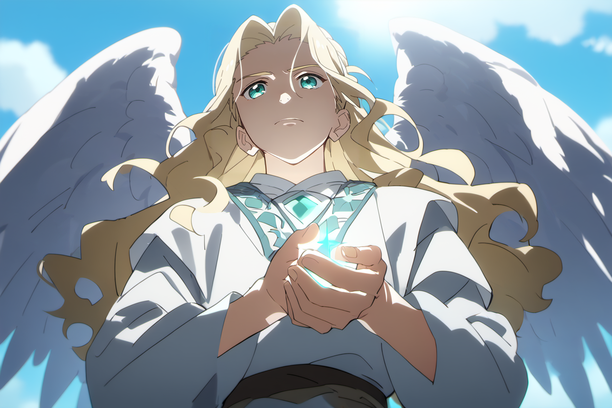 score_9, score_8_up, score_7_up, masterpiece, best quality, 1boy, solo, young boy,    <lora:YeLimingPony:1>, solo, aqua eyes, blonde hair, long hair, white tunic, angel wings, nimbus, spear in hands, frowns, from below,   <lora:Anime_Screencap:0.8> anime screencap