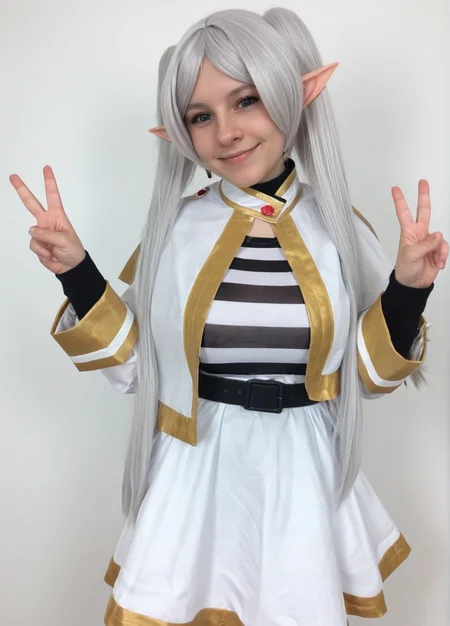 masterpiece, best quality, absurdres, amazing quality, 1girl, medium breasts, v sign, v, half-length portrait, smile, masterpiece, best quality, very awa, absurdres <lora:Frieren_cosplay:0.8> UZ_frieren_cosplay, frieren, long hair, twintails, elf, white capelet, striped shirt, horizontal stripes, long sleeves, belt, white skirt, gold-trim, black pantyhose,