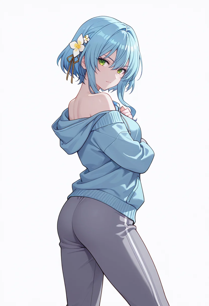 Smooth Quality,masterpiece,very intricate, high quality details, ultra realistic, high detailed skin,detailed enviorement,absurdres,
hand on own chest,
<lora:Villhaze_CNR:0.8> villhaze_cnr, 1girl,blue hair, short hair with long locks, green eyes, hair between eyes, hair flower,bare shoulders,, simple background, white background, from behind,
standing, arms crossed, head tilt, serious, balanced stance, confident, ,, c:,, sweater, ,zip-up hoodie, ,sweatpants, ,