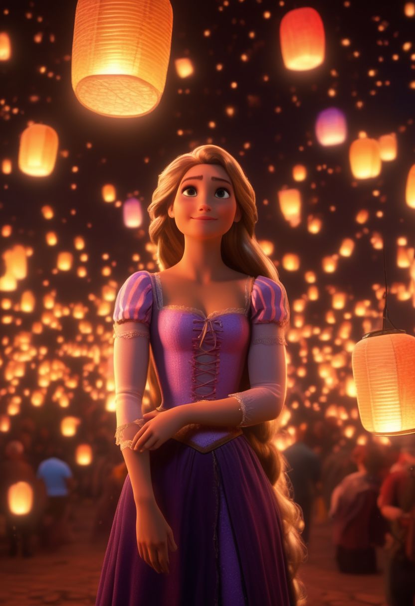 full body shot, realistic, stunningly realistic, trending on artstation ,  FlynnRider, Rapunzel, 1man, 1girl, original style, high angle, lanterns, magical ambiance, surrounded by lights, (masterpiece), best quality, highres, 4k, 8k, intricate detail, cinematic lighting, amazing quality, amazing shading, soft lighting, 35mm, analog style, a realistic photo, film grain, (photorealistic:0.6), taken by a canon eos r5, ultra detailed skin, ultra detailed face,  chromatic aberration, colorful, bright colors,