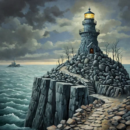 a surreal image in lowbrow art style of an ethereal Roman Navy blue lighthouse in desolate condition in a spring Taiga landscape, highly detailed stone texture, intricate masonry, A creepy and horror mood.