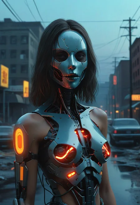 (Ultra Realistic:1.0),32k,(Masterpiece:1.0),(High Detailed Skin:1.0),( High Quality:1.0),
(Detailed Realistic Background:1.3),
(Official Art, Beautiful and Aesthetic:1.2),
(Realistic Lighting:1.0),
Front 3/4 view portrait Picture illustration of A synth-wave style anonymous "duft-punk" style 19yo female warrior. Faceless. Disturbing. Deadly. Celestial azure light comes from his mask. A visible "C" and then "A.I." are patched on his right shoulder. The patches are glowing of a complementary color of the mask's light. Dusk. Long realistic shadows. Several electrical and fiber optic cables around the city. Post apocalyptic buildings and landscape all around. Many details everywhere. Ray-Tracing. Anti-Aliasing. Realistic reflections. Realistic soft shadows. Moody. Disturbing. Insane quality. Insane resolution. Insane details. Masterpiece. by Simon Stalenhag.
Thoughtful look,
by Elliott Erwitt,
<lora:MJ52:0.8>
Cinematic illumination.
Many details everywhere. Ray-Tracing. Anti-Aliasing. Realistic reflections. Realistic soft shadows. Ironic.
Spiritual.
Partially introspective.
Uplifting.
Slightly desaturated colors.
Insane quality. Insane resolution. Insane details. Masterpiece.
Life-Like detail. By Simon Stalenhag. Holy. Sacred.
16k resolution