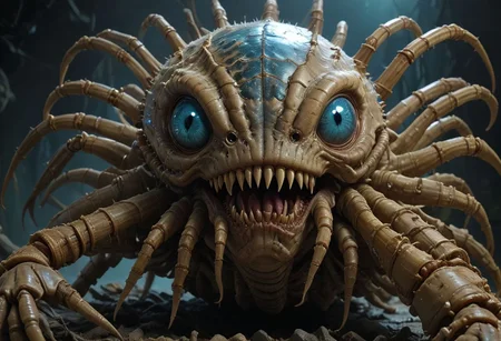 cinematic, facehugger chonkasaurus, scifi, slimey, raytracing, HD, 4k, floating energy, night, dark, blue eyes, (energy effects:1.3), <lora:chonkasaurus-000003:1>, <lora:add-detail-xl:2>