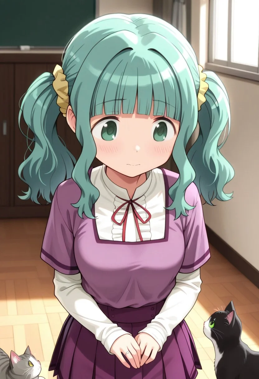 masterpiece,best quality,amazing quality, futaba sana, green hair, green eyes, twintails, layered sleeves, short over long sleeves, ring, yellow scrunchie, jewelry, cat, neck ribbon, skirt, 1girl, purple skirt, blunt bangs, ribbon, school uniform, long sleeves