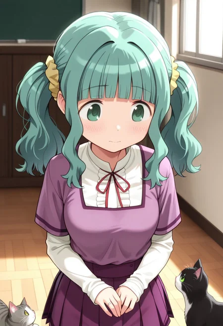 masterpiece,best quality,amazing quality, futaba sana, green hair, green eyes, twintails, layered sleeves, short over long sleeves, ring, yellow scrunchie, jewelry, cat, neck ribbon, skirt, 1girl, purple skirt, blunt bangs, ribbon, school uniform, long sleeves
