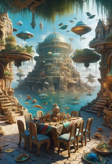 hyper detailed masterpiece, dynamic realistic digital art, awesome quality,dedication littoral,ethnic flavors the city of atlantis,bose-einstein condensate market square light shaft,hénon map, research-oriented,shady,outdoor activities,ancient growth,DonMT34P4rtyXL <lora:DonMT34P4rtyXL-v1.1-000008:0.8>