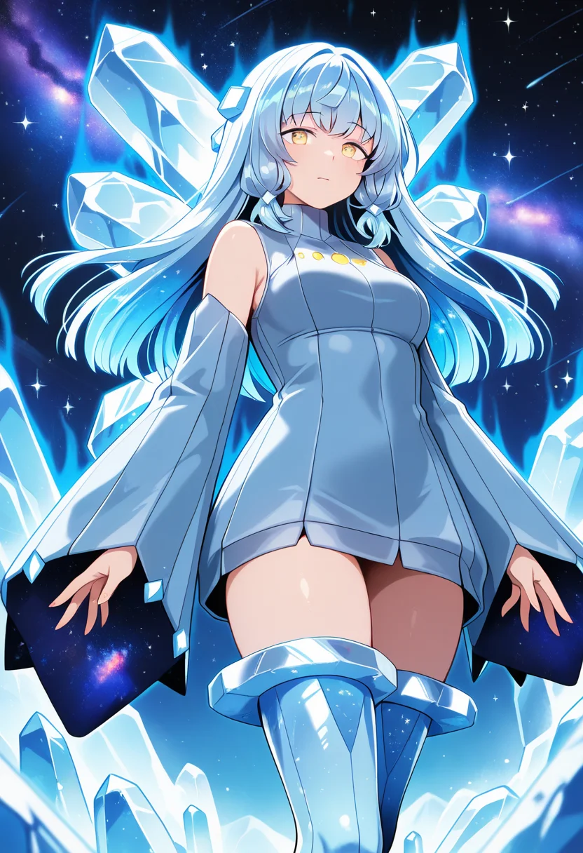 detailed, detailed_background, vibrant, amazing quality, cinematic ambience, <lora:regice-15:1> (pregi), humanization, galaxy, from below, blue hair, blue turtleneck dress, hair ornament, ice_wings, ribbed_dress, gem_hair_ornament, sleeves, detached sleeves, celestial, aura, ice, ice thighlet,