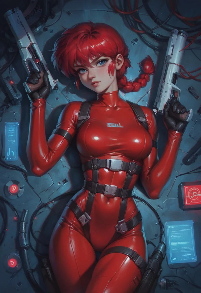 score_9, score_8_up, score_7_up, score_6_up , 1girl, solo,
ranma chan, red hair, blue eyes, braid, red tight plugsuit, latex, holding shotgun,
gundamwingcockpit, futuristic, scifi, controls, joystick, holographic interface, technology, glowing, neon,