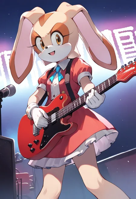 Cream The Rabbit, idol dress, electric_guitar, playing_instrument, pink guitar, neon lights, stage lights, night,
score_9, score_8_up, score_7_up