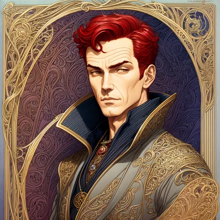 painting, portrait, half body, Art Nouveau Style, the elder male thief, short red hair, on deck of a steamboat, dark style, dark sky, pale, unadorned grey suit, lockpick, devious, sinister, shady, lock, steampunk by moebius, masterpiece, best quality, intricate, highly detailed:1.1, drawing, Jean Giraud, <lora:add_detail:1>, <lora:Moebius:0.7>, <lora:Nouveau_last:1> border, muted colours,