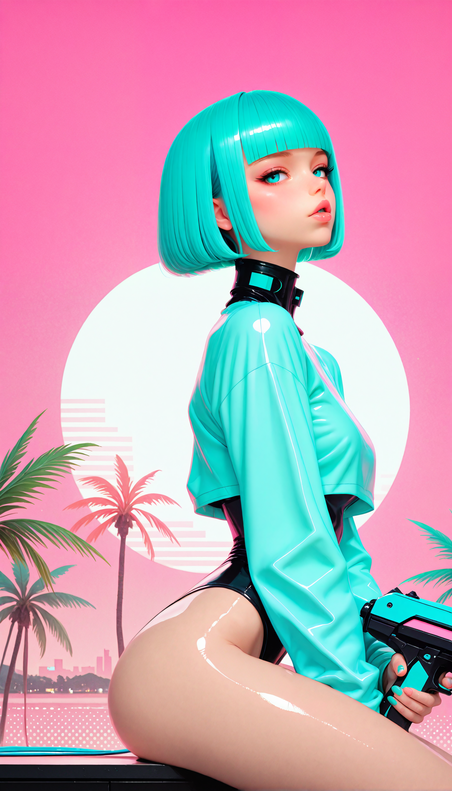 absurdres, high_quality, incredibly_absurdres, very aesthetic, film_grain, grainy_texture, blender_\(artwork\), zbrush_\(artwork\), raytraced, volumetric_lighting, digital_painting_\(artwork\)
(WUS-Illu, (diagonal_striped_background, from_side, halftone_background), vaporwave, silhouette, palm_trees, sunset, seductive, wind_lift, minimalist, high_contrast, makeup, neon_palette, shiny, shiny_skin, 3d, vibrant, colorful_theme
1girl, solo, sitting, short hair, bob cut, bangs, parted lips, looking at viewer, blunt bangs, makeup, cyberpunk, cables, wires, lips, aqua hair, eyelashes, pink background, portrait, aqua eyes, facial mark, eyeshadow, green eyes, blue hair, holding gun)