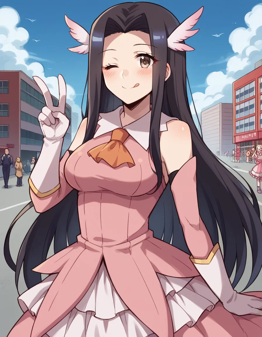 score_9, score_8_up, score_7_up, source_anime, <lora:kuroko-smith-s1-ponyxl-lora-nochekaiser:1>, kuroko smith, long hair, black hair, parted bangs, brown eyes, large breasts,, <lora:prisma-illya-cosplay-ponyxl-lora-nochekaiser:1>, prismaillyacosplay, prisma illya (cosplay), dress, elbow gloves, feather hair ornament, feathers, frilled dress, frills, gloves, hair ornament, layered gloves, magical girl, orange ascot, pink dress, pink feathers, pink gloves, pink sleeves, white gloves,, cityscape, street, smile, blush, v, v over eye, one eye closed, tongue out, , dutch angle,