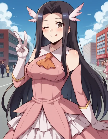 score_9, score_8_up, score_7_up, source_anime, <lora:kuroko-smith-s1-ponyxl-lora-nochekaiser:1>, kuroko smith, long hair, black hair, parted bangs, brown eyes, large breasts,, <lora:prisma-illya-cosplay-ponyxl-lora-nochekaiser:1>, prismaillyacosplay, prisma illya (cosplay), dress, elbow gloves, feather hair ornament, feathers, frilled dress, frills, gloves, hair ornament, layered gloves, magical girl, orange ascot, pink dress, pink feathers, pink gloves, pink sleeves, white gloves,, cityscape, street, smile, blush, v, v over eye, one eye closed, tongue out, , dutch angle,