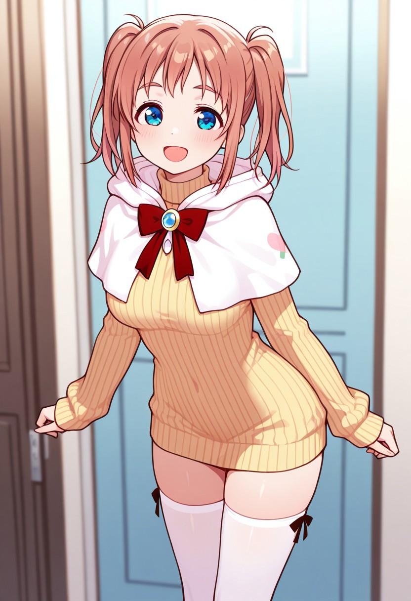 masterpiece, best quality, 32k, high resolution, absurdres, honoka kanami, capelet, thighhighs, brooch, long sleeves, dress, :d, white thighhighs, sweater, ribbed sweater, ribbon