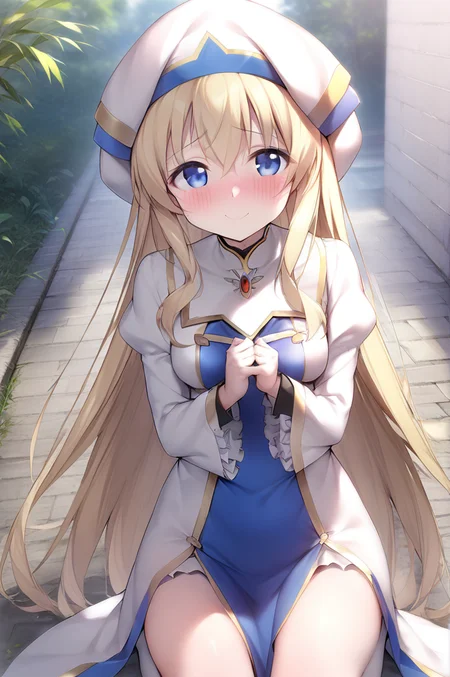 1girl,solo,petite,slender,sdxl-gs-priestess,blonde hair, very long hair, sidelock, bang hair, between eyes, blue eyes, medium breasts, white headwear, white long robe center blue, mluticolor wear, puffy sleeves, long sleeves, hime-sode frills, white thigh boots, holding staff,smile,looking at viewer,outdoor,blush,shy<lora:XDetail_light:1.3><lora:better skin typeB-v1:0.7> ,masterpiece,best quality   <lora:sdxl-gs-priestess:0.7>