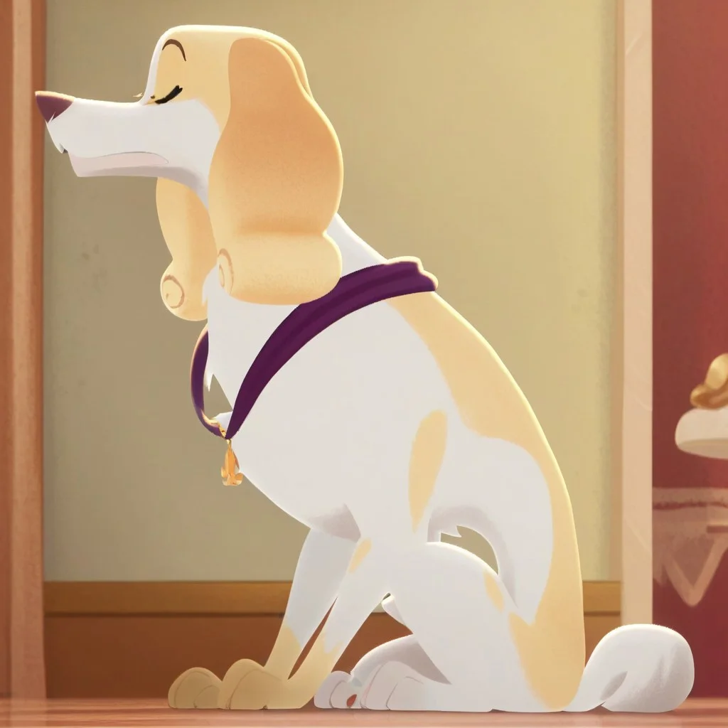 score_9, score_8_up, score_7_up, score_6_up, 1girl, solo, BREAK dianebl, spaniel, feral, full body, closed eyes, from side, purple collar, tan fur, white fur, BREAK indoors